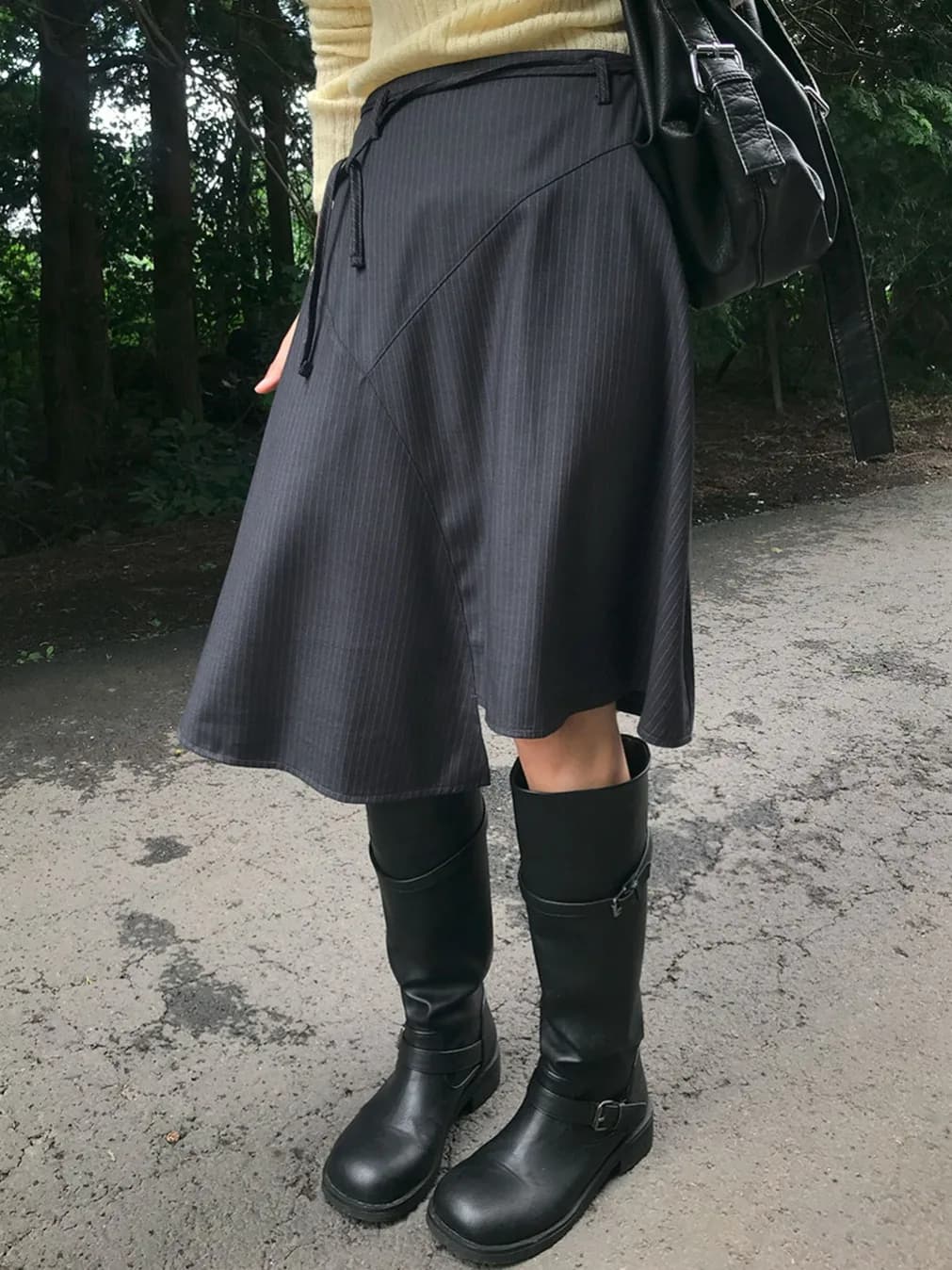Korean Style Elegant Draped Half Skirt with Bow Tie Women's High Waist Stripe Asymmetrical Skirt Commute Style Regular Fit