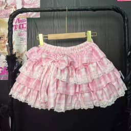 Sweet Lolita Pink Checkered Cake Skirt Japanese Kawaii Ruffle Hem Mini Skirt Y2K Women Cute Bow High Waist Skirt