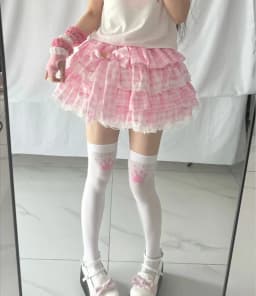 Sweet Lolita Pink Checkered Cake Skirt Japanese Kawaii Ruffle Hem Mini Skirt Y2K Women Cute Bow High Waist Skirt