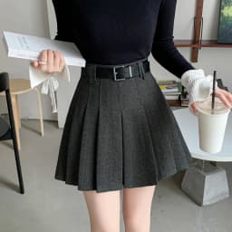 Vintage Winter Pleated Mini Skirt Women Streetwear High Waist Woolen Cute Skater Skirts With Shorts Belt Grey Black Skirt Woman