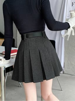Vintage Winter Pleated Mini Skirt Women Streetwear High Waist Woolen Cute Skater Skirts With Shorts Belt Grey Black Skirt Woman