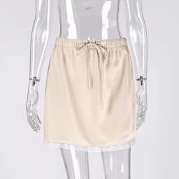 Linad Elegant Apricot Lace Drawstring Skirts Woman Street Chic Solid Satin Mini Skirt Summer Fashion High Waist Skirt 2025 Fall