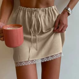 Linad Elegant Apricot Lace Drawstring Skirts Woman Street Chic Solid Satin Mini Skirt Summer Fashion High Waist Skirt 2025 Fall