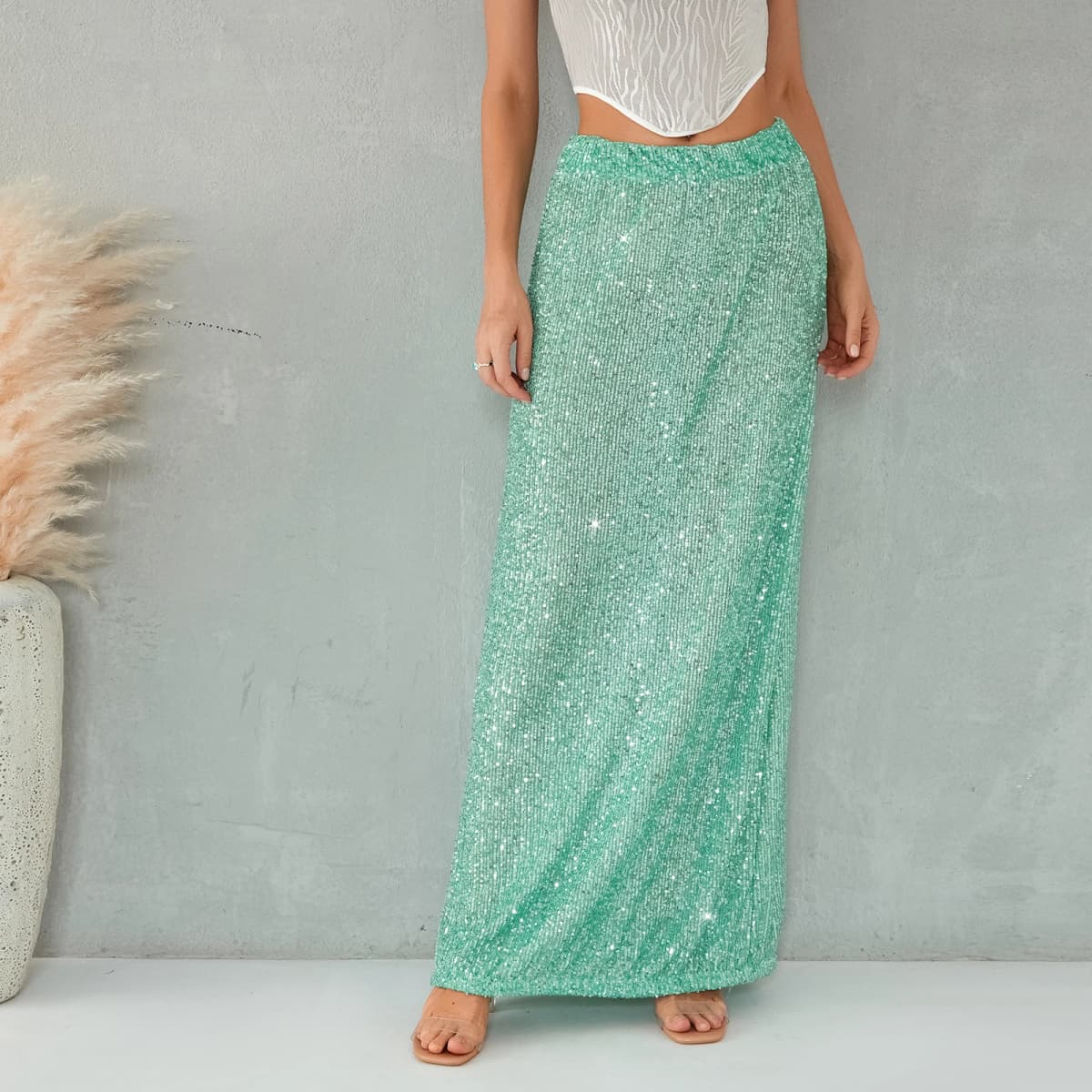 Autumn Solid Color Sequins Long Skirts Women Low Waist Party Skirts Fashion Casual Skirts Streetwear