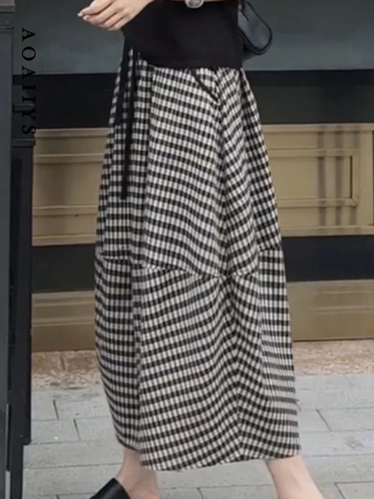Aoaiiys Skirts Women Striped Plaid Spliced Casual Skirts Pockets Fashion Skirt 2026 Vintage Comfortable A-Line Skirt Summer New