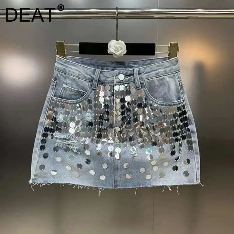 DEAT Sequins Decoration Denim Skirts For Women 2024 Summer New Items High Waist Wrap Hip Skirt Female Trendy Fashion 29L7154