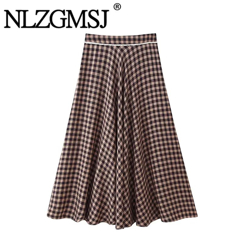 NLZGMSJ 2026 Spring Vintage Casual Chic Women Skirt Plaid Zipper Long A-Line Skirt New Fashion Holiday Female Long Skirt