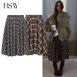 BSAY Loose Plaid Umbrella Skirt Women's clothing Autumn Winter Side Zip Chic Female High Waist Elegant A-line Long Skirts Mujer