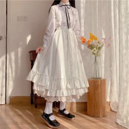 Spring Summer Women White Black Long Midi Skirt Preppy Style Female Elastic High Waist Double Layer Lace Ruffled A-line Skirt