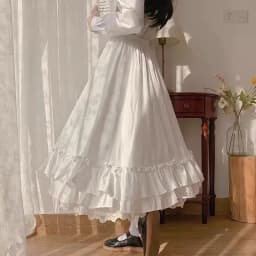 Spring Summer Women White Black Long Midi Skirt Preppy Style Female Elastic High Waist Double Layer Lace Ruffled A-line Skirt