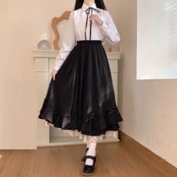 Spring Summer Women White Black Long Midi Skirt Preppy Style Female Elastic High Waist Double Layer Lace Ruffled A-line Skirt