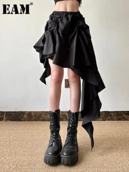 [EAM] High Elastic Waist Black Irregular Design Ruffles Mini Half-body Skirt Women Fashion Tide New Spring Autumn 2026 1DJ0530