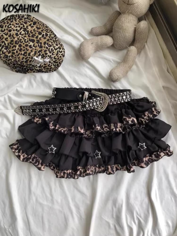 Kawaii Mini Cake Patchwork Leopard Skirt Womens Harajuku Sexy High Waist Ruffled Skirts Y2k Aesthetic Sweet Grunge Gothic Faldas