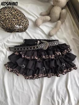 Kawaii Mini Cake Patchwork Leopard Skirt Womens Harajuku Sexy High Waist Ruffled Skirts Y2k Aesthetic Sweet Grunge Gothic Faldas