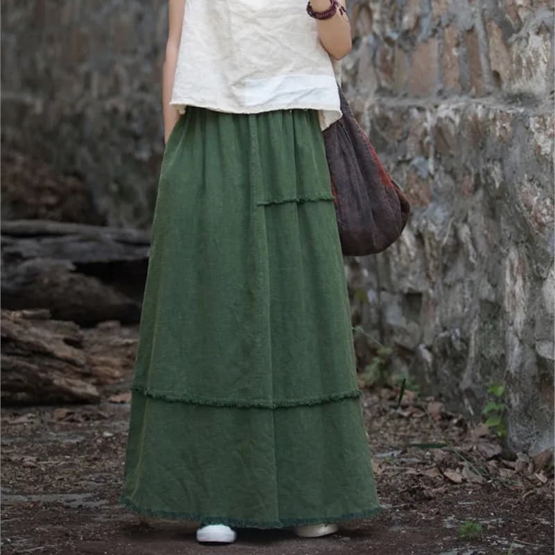 Johnature Women Vintage A-Line Skirts Cotton Linen Solid Color Elastic Waist Skirts 2025 New Autumn Patchwork Casual Skirts