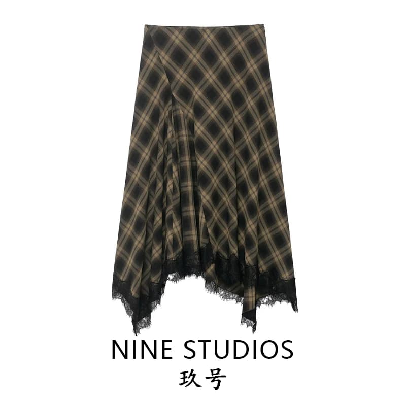 High Waist Plaid Lace Splicing  Skirt European Style Ladies Casual High Waist Polyester Fabric Irregular Skirt