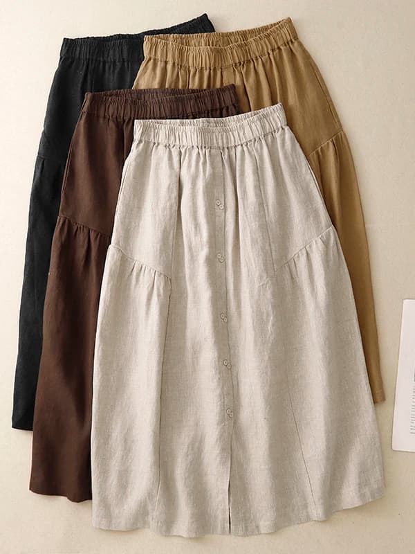 Retro Cotton Linen A-Line Skirt Women's Summer Thin Loose High Waist Slimming Midi Length Linen Skirt Commute Style Splicing ...