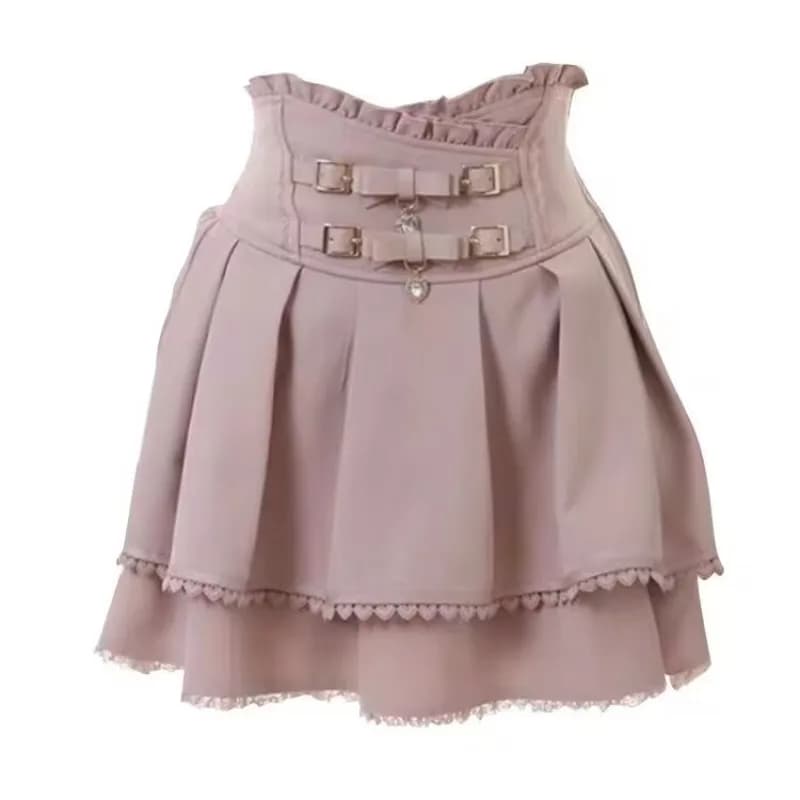 korean style Kawaii Cake Pink Mini Skirts Women Bandage Lolita High Waist Y2k Aesthetic Sweet Lace Gothic JK Faldas Black Skirt