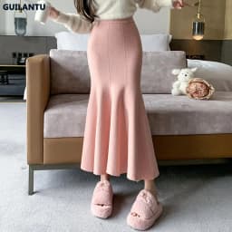 Women Sexy Stylish Long Trumpet/mermaid Skirts 2023 Autumn Thick Knitted Mid-calf Pink Wrap Skirt Elegant Korean Pleated Skirt