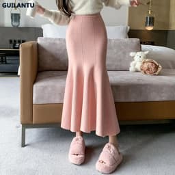 Women Sexy Stylish Long Trumpet/mermaid Skirts 2023 Autumn Thick Knitted Mid-calf Pink Wrap Skirt Elegant Korean Pleated Skirt