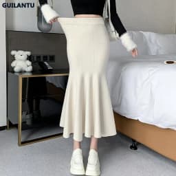Women Sexy Stylish Long Trumpet/mermaid Skirts 2023 Autumn Thick Knitted Mid-calf Pink Wrap Skirt Elegant Korean Pleated Skirt