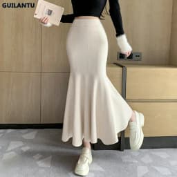 Women Sexy Stylish Long Trumpet/mermaid Skirts 2023 Autumn Thick Knitted Mid-calf Pink Wrap Skirt Elegant Korean Pleated Skirt