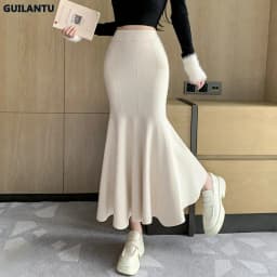 Women Sexy Stylish Long Trumpet/mermaid Skirts 2023 Autumn Thick Knitted Mid-calf Pink Wrap Skirt Elegant Korean Pleated Skirt
