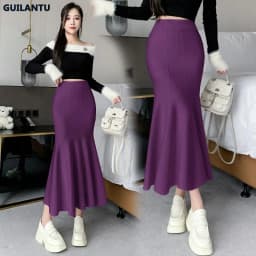 Women Sexy Stylish Long Trumpet/mermaid Skirts 2023 Autumn Thick Knitted Mid-calf Pink Wrap Skirt Elegant Korean Pleated Skirt