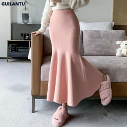 Women Sexy Stylish Long Trumpet/mermaid Skirts 2023 Autumn Thick Knitted Mid-calf Pink Wrap Skirt Elegant Korean Pleated Skirt