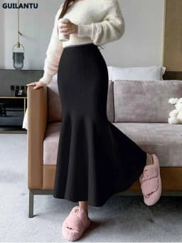 Women Sexy Stylish Long Trumpet/mermaid Skirts 2023 Autumn Thick Knitted Mid-calf Pink Wrap Skirt Elegant Korean Pleated Skirt