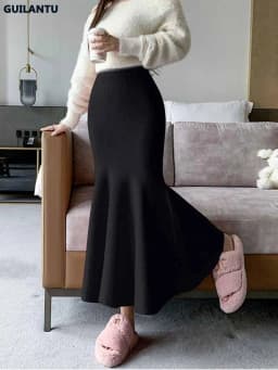 Women Sexy Stylish Long Trumpet/mermaid Skirts 2023 Autumn Thick Knitted Mid-calf Pink Wrap Skirt Elegant Korean Pleated Skirt