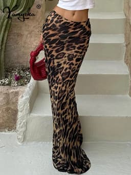 Sexy Leopard Print Long Skirt Women Summer Clothes Fashion Casual Maxi Skirts Woman Clothing High Waist Chiffon Fishtail Skirt