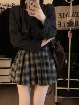 Japanese Preppy Style Spring Autumn Women Brown Black Plaid Mini Pleated Skirt