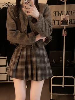 Japanese Preppy Style Spring Autumn Women Brown Black Plaid Mini Pleated Skirt