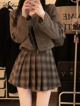 Japanese Preppy Style Spring Autumn Women Brown Black Plaid Mini Pleated Skirt