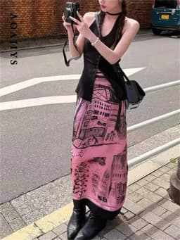 Aoaiiys Korean Skirt Women Graffiti Print Pattern Pink Skirts 2026 Fashion High Waisted Slit Cut A-Line Skirts Spring Summer New