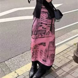 Aoaiiys Korean Skirt Women Graffiti Print Pattern Pink Skirts 2026 Fashion High Waisted Slit Cut A-Line Skirts Spring Summer New