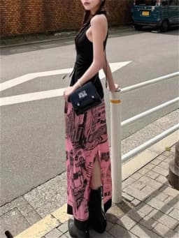 Aoaiiys Korean Skirt Women Graffiti Print Pattern Pink Skirts 2026 Fashion High Waisted Slit Cut A-Line Skirts Spring Summer New