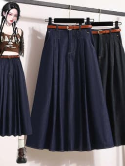Plus size Women 2025 Autumn New Lyocell Denim Skirt Chubby Girl High Waist Slimming Belly Covering A Word Pleated Umbrella Skirt