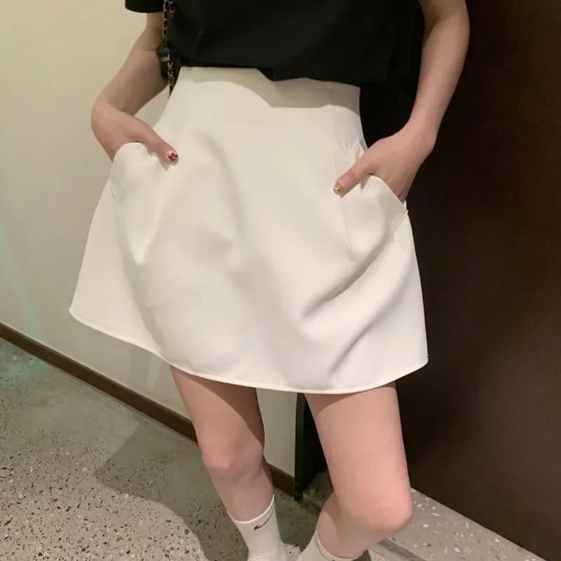 Lucyever Black White High Wiast Puffy Short Skirts Women All-Match Y2K Pocket A-Line Skirt Female Korean Work Style Suit Skirt