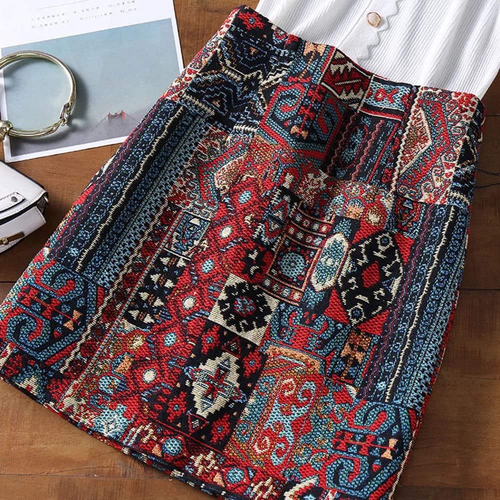 Early Spring Womens Boho Skirt Embroidery A-Line Mini Skirts Chic Geometric Pattern Woolen Vintage Ethnic Style Female Skirts