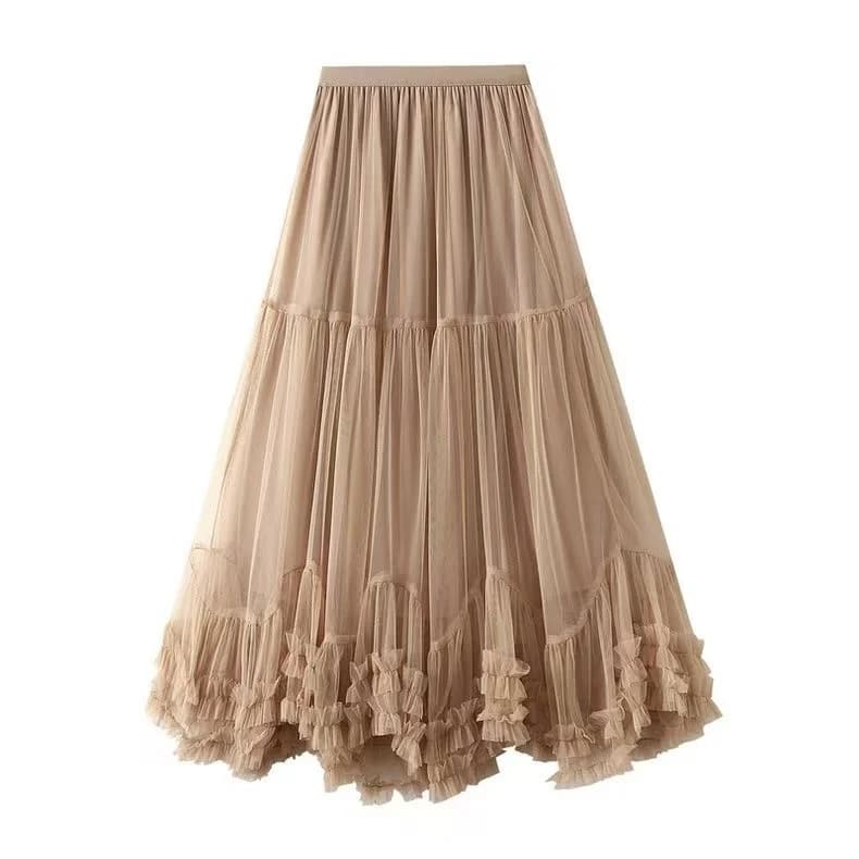 High Waist Mesh Half Skirt Puffy A-Line Design Korean Style Commute Casual Polyester Fiber Baking Process Slimming Effect