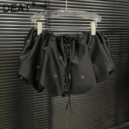 DEAT Fashion Women's Solid Color Bandage A-line High Waist Skirt 2024 Summer New Trendy Hole Design Skirts Female Trendy 11A0273
