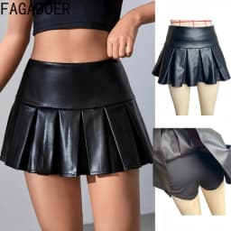 FAGADOER Fashion Leather Patchwork Bodycon Skirt for Woman Solid Color High Waist Pleated Skirt Female Streetwear Bottoms New