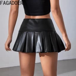 FAGADOER Fashion Leather Patchwork Bodycon Skirt for Woman Solid Color High Waist Pleated Skirt Female Streetwear Bottoms New