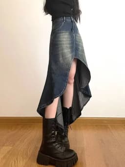 Streetwear Retro Denim Skirts Women Summer Button High Waist Irregular Mermaid Vintage Casual Pockets Lady Jeans Long Skirt