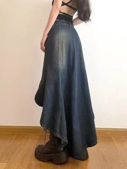 Streetwear Retro Denim Skirts Women Summer Button High Waist Irregular Mermaid Vintage Casual Pockets Lady Jeans Long Skirt