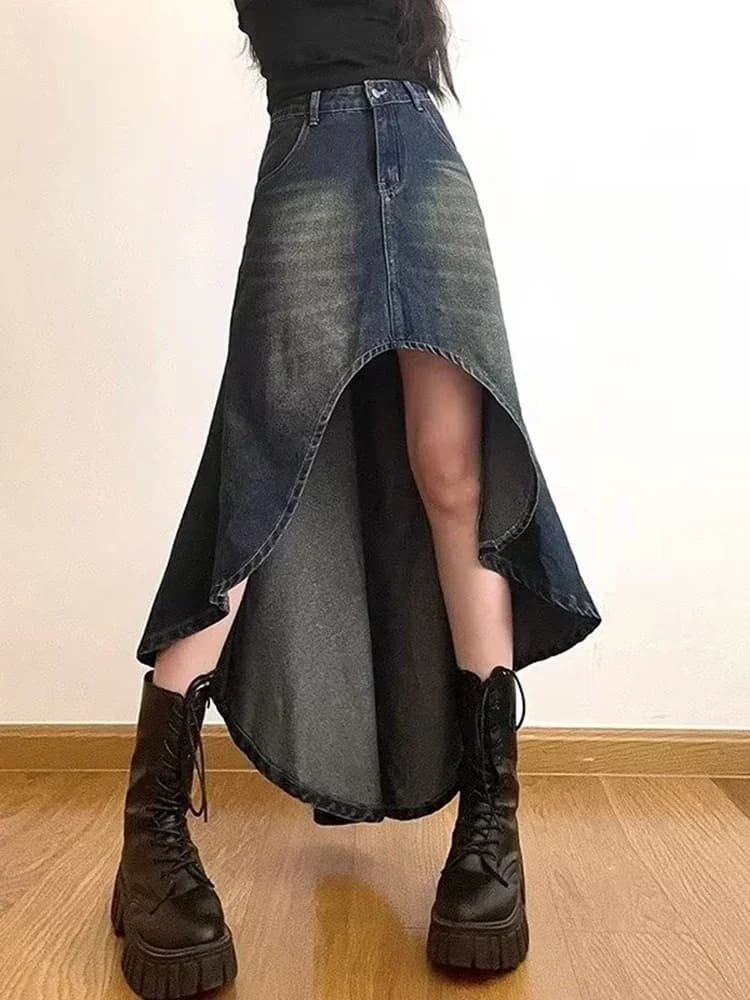 Streetwear Retro Denim Skirts Women Summer Button High Waist Irregular Mermaid Vintage Casual Pockets Lady Jeans Long Skirt