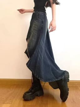 Streetwear Retro Denim Skirts Women Summer Button High Waist Irregular Mermaid Vintage Casual Pockets Lady Jeans Long Skirt