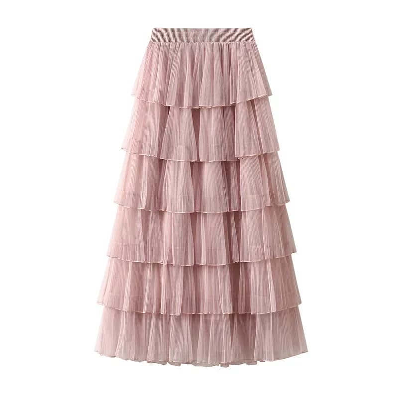 New Summer Korean Mesh Half Body MIDI Skirt Spring and Autumn Super Fairy Layered Cake Skirt Women's Knee Long Beach Skirt